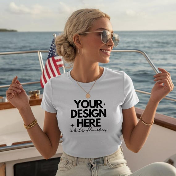Bella Canvas 6400 Mockup /Chinoiserie T Shirt/Female Model White T Shirt Mockup-Summer Beach Mock Up/Sea Shore/ Gildan White T-Shirt Mock