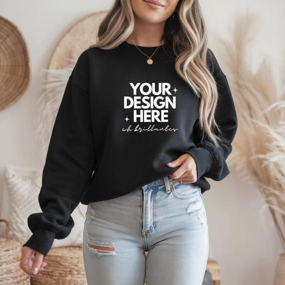 Gildan 18000 Black Sweatshirt Mockup | Model Mock | Gildan 18000 Black Sweater | Cozy Oversized Simple Mockup-G180 Black Crewneck Mockup