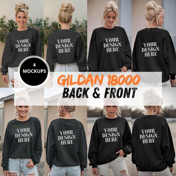 Black Gildan 18000 Sweatshirt Mockup Bundle | Front & Back Black Sweatshirt Mockups for POD -Custom Designs | Realistic Etsy Mockups