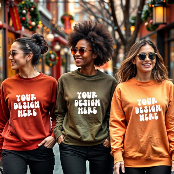 Group of Friends Mock up-Customizable Sweatshirt Mockups for Designers |Realistic Christmas-Themed Mockups with Diverse Models-Gildan 18000-