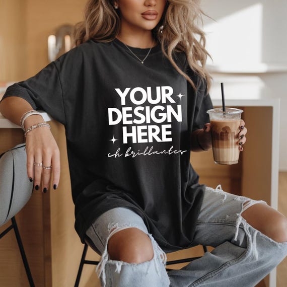 Comfort Colors C1717 Black Shirt Mockup | CC 1717 Black T-shirt Mock-up |Cozy Casual Long Tshirt Dress Fall Aesthetic-Real Model Mock
