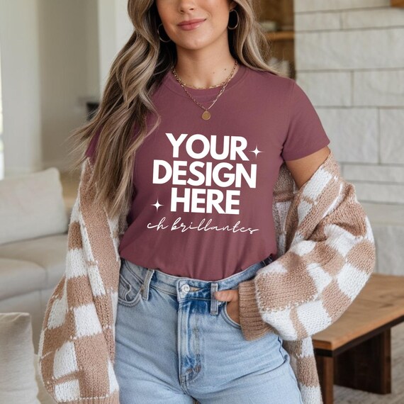 Gildan 5000 Maroon T-Shirt Mockup, Clothing Mockup Blank Shirt Template-Apparel Mockup for Print On Demand Maroon TShirt Mockup Woman Model