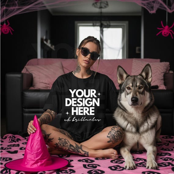 Witchy Halloween Black T-Shirt for Dog Lovers | Oversized Gothic Fall Fashion Tee | Spooky Season Apparel for Wolf Dog Moms-Mocks CC 1717