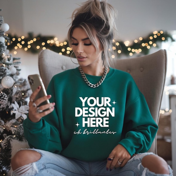 Gildan 18000  Green Sweatshirt Mockup-G180 Green Crewneck Mock-up-Cozy Trendy Christmas Aesthetic Sweater-Real Model Mock- Trendy Christmas