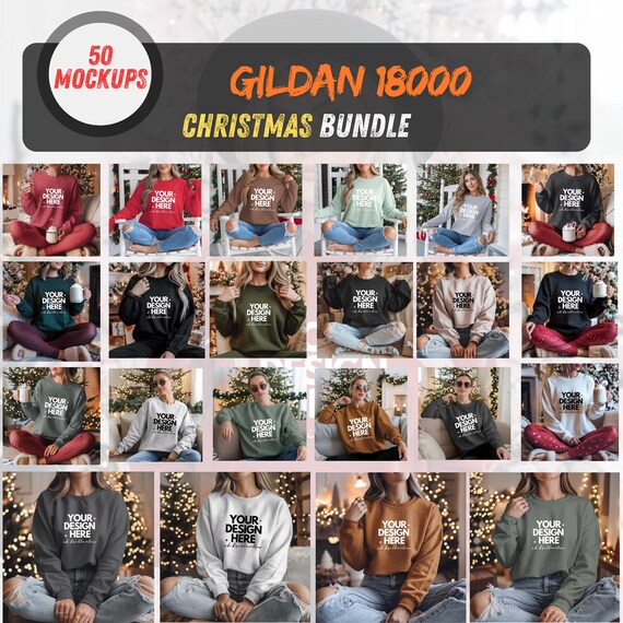 Gildan 18000 Mockup Bundle-Christmas Sweatshirt Mockups Bundle-Gildan 18000 Winter Holiday Designs for Ripped Jeans,Cozy ,Festive Themes