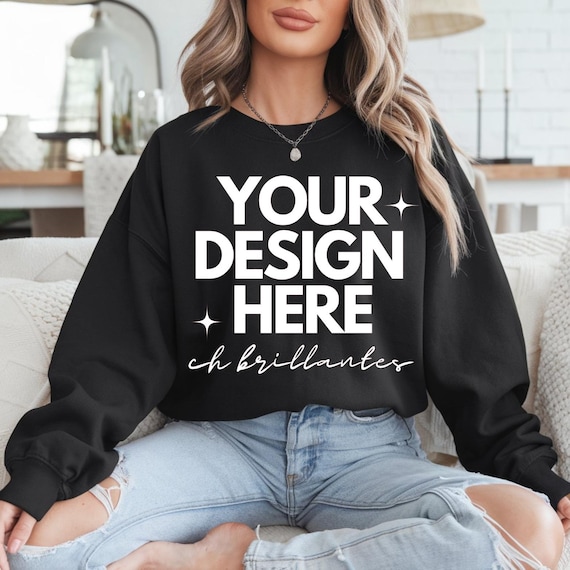 Gildan 18000 Black Sleeve Mockup | G18000 Black Crewneck Sweatshirt Mock-up |Real Person Model | Trendy Sweater Boho Aesthetic-Trendy Mockup