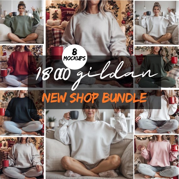 Gildan 18000 Mockup Bundle,Sweatshirt Crewneck Mockup Bundle Print On Demand-8 Cozy Christmas Sweatshirt Mockups , New Shop Starter Pack