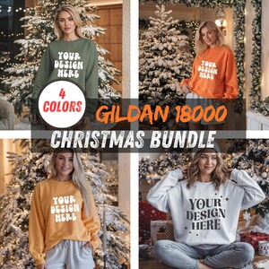 Puede incluir: Cuatro sudaderas Gildan 18000 en diferentes colores: verde, naranja, amarillo y blanco. Cada sudadera tiene el texto "YOUR DESIGN HERE" impreso en la parte delantera. Las sudaderas se muestran en modelos en un ambiente navideño.