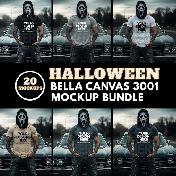 Halloween Mockup Bundle, Bella Canvas 3001 Men's Tee,Scream Mask Mockup, Dark Moody T-Shirt, Edgy Spooky POD, Car Mock Up- Real Model Mockup