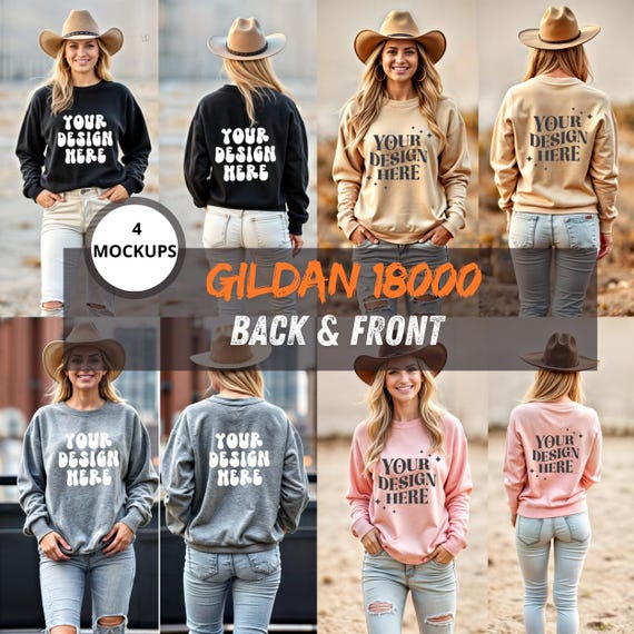 Gildan 18000 Sweatshirt Mockup Bundle - 4 Color Options | Front & Back Design Templates for Black Beige  Gray  Pink | High-Quality Mockups