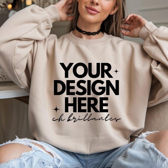 Gildan 18000 Sand Sweatshirt Sleeve Mockup  | Real Model Mock | Gildan 180 Beige Tan | Simple Minimal-G180 Sand Crewneck Sleeve Mock-up