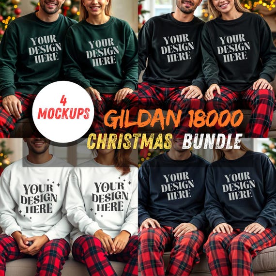 Gildan 18000 Couples Mockup-Christmas Sweatshirt Mockup Bundle | Gildan 18000 Festive Holiday Crewneck Designs-Matching Family Pajama Mockup
