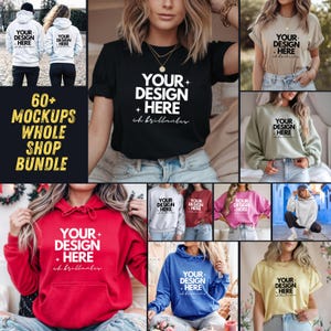 Puede incluir: Una colección de más de 60 maquetas que presentan diversos artículos de ropa, incluidos sudaderas con capucha, camisetas y sudaderas. Las maquetas muestran diferentes colores y estilos, con el texto "YOUR DESIGN HERE" impreso en cada artículo. El texto "60+ MOCKUPS WHOLE SHOP BUNDLE" se muestra en una pancarta dorada.