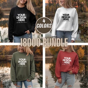 Puede incluir: Cuatro sudaderas de cuello redondo en negro, blanco, verde oliva y rojo. Cada sudadera presenta el texto "YOUR DESIGN + HERE ch brillantes". La imagen también incluye el texto "4 COLORS" y "18000-BUNDLE".