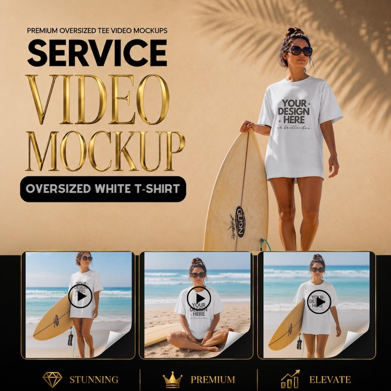 May include: A white oversized t-shirt mockup featuring the text YOUR DESIGN HERE on the chest. The image displays a person wearing the shirt while holding a surfboard on a beach, with additional smaller preview frames showing the same t-shirt.