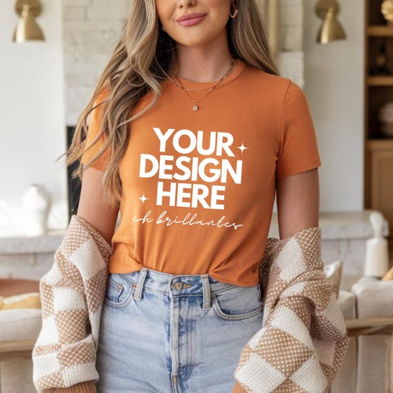 Bella Canvas 3001 Orange Mockup, Orange Color Blank T-Shirt Mockup, High-Resolution Tee Mockup, Orange T-Shirt Mockup-Woman Model Mockup