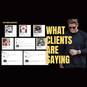 May include: A digital graphic display titled WHAT CLIENTS ARE SAYING featuring the CH-BRILLANTES logo, multiple customer review cards with five-star ratings, and a photograph of a person wearing a black long-sleeve sweatshirt and sunglasses.