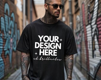 Gildan 5000 Black Mockup, Tattooed Goth Male Model Tshirt Mockup, Dark Edgy Goth Mens Clothes Mockup-Punk Gothic Grunge Shirt Manly Mockup