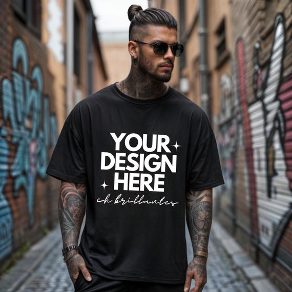 Gildan 5000 Black Mockup, Tattooed Goth Male Model Tshirt Mockup, Dark Edgy Goth Mens Clothes Mockup-Punk Gothic Grunge Shirt Manly Mockup