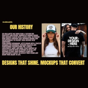 May include: Black background with text and images. The text reads "OUR HISTORY" and describes the company's origin. Images include a woman wearing a green and white cap and a person wearing a black t-shirt with the text "YOUR DESIGN HERE."