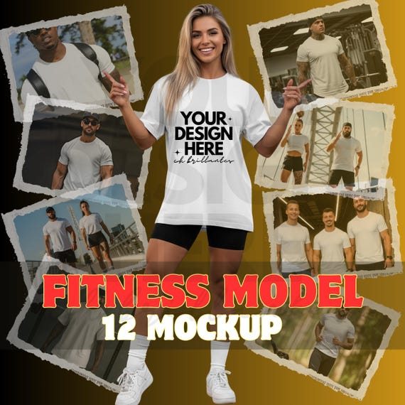 Fitness T-Shirt Mockup Bundle | Realistic White Gym Tee Mockup with Athletic Male & Female Models | High-Res Streetwear -Sport Style for POD