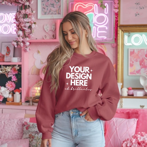 Gildan 18000 Valentines Red Sweatshirt Mockup, Real Model Mock, Trendy Aesthetic Red Valentines Day Mock,Gildan Crewneck Sweatshirt Mock