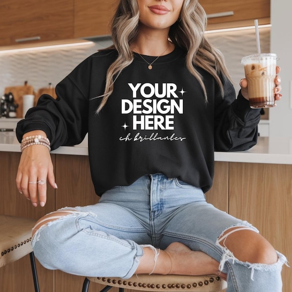 Gildan 18000 Black Sleeve Mockup|G18000 Black Crewneck Sweatshirt Mock-up|Real Person Model|Trendy Sweater Boho Aesthetic- Model Mockup