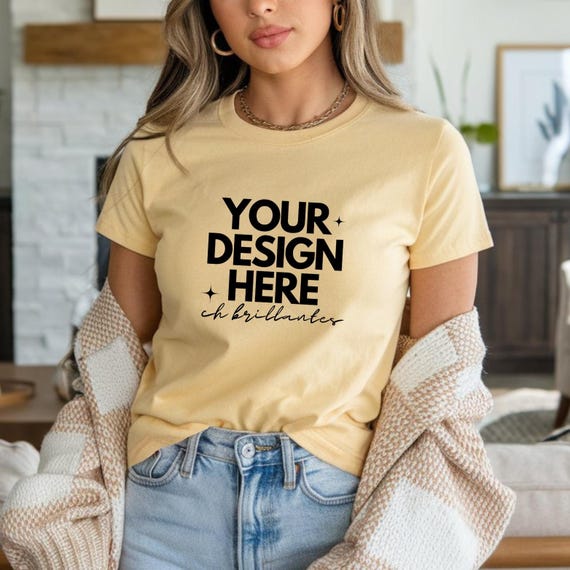 Bella Canvas 3001 TShirt Mockup, Yellow Tshirt Mock, Yellow Tee Mockup,Model Mockup, Summer Tee Mockup-Trendy Yellow Teeshirt Boho Aesthetic