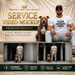 Op de afbeelding: Een promotieafbeelding voor premium t-shirt videomockups. De afbeelding toont een man in een wit t-shirt met de tekst "YOUR DESIGN HERE" en een hond. De afbeelding bevat ook de tekst "SERVICE VIDEO MOCKUP" en "PREMIUM PACKAGE".