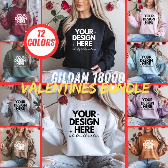 Gildan 18000 Mockup Bundle for Valentine's Day,Crewneck Sweatshirt Template Mockup Bundle for Print On Demand, High-Quality Instant Download