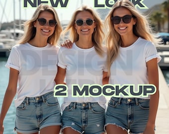 3人の女性用Bella Canvas 6400グループモックアップ| muckup chinoiserie | 女子旅行モックアップ-グループモックアップTシャツ 女子クルージンググループクルーズモックアップ