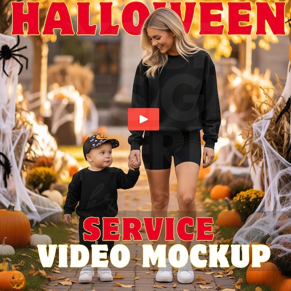 Halloween Mom and Son Video Mockup Service | Matching Black Sweatshirts Crewneck Mockup | Realistic Fall Themed Video for Etsy & POD Shops