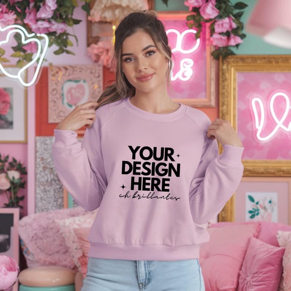 Gildan 18000 Light Pink Mockup, Valentines Day Crewneck Mockup, Woman Model, Digital Download,Love Themed Swetshirt Mockup Design Template,