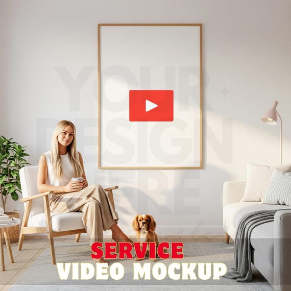 Custom Video Mockup with Blonde Woman,Dog and Framed Wall Art-Realistic Living Room Scene with Fixed 24x36 Inch Poster Frame-Natural Shadows