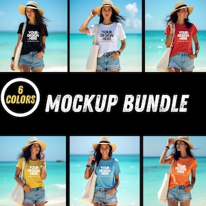 Puede incluir: Un paquete de maquetas de seis camisetas de diferentes colores. Las camisetas son todas blancas con el texto "YOUR DESIGN HERE" impreso en la parte delantera. Las modelos llevan las camisetas en una playa.