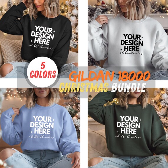 Custom Gildan 18000 Sweatshirt Mockup Bundle-Christmas-Themed Editable Templates in 5 Colors-Perfect for Holiday and Winter Design Showcases