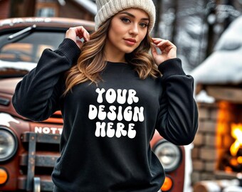 Black Gildan 18000 Mockup-Gildan Sweater Mockup-Christmas Mockup-Sweatshirt Mockup -Womens Sweatshirt Mockup-christmas Mockup-Winter Mockup
