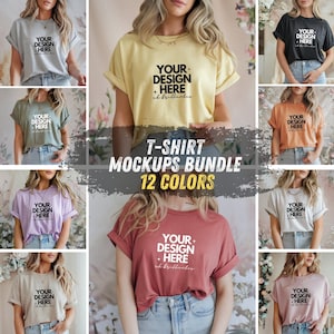 Puede incluir: Una colección de maquetas de camisetas en varios colores, incluyendo gris, amarillo, negro, naranja, morado, rojo, blanco y rosa. Cada camiseta presenta el texto "YOUR DESIGN HERE" y "ch brillanter". La imagen está etiquetada como "T-SHIRT MOCKUPS BUNDLE 12 COLORS".