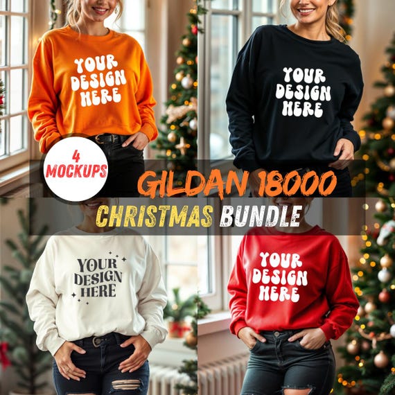 Christmas Sweatshirt Mockup Bundle Gildan 18000 | 4 Digital Mockups-Gildan Sweater Mockup -Beautiful Woman Mockup -Christmas Mockup