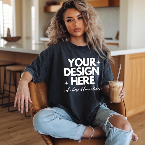 Comfort Colors C1717 Black T-Shirt Mockup | CC 1717 Black T-shirt Mock-up |Cozy Casual Long Tshirt Dress Fall Aesthetic-Real Model Mock