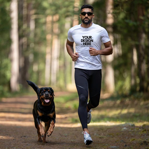 Custom T-Shirt Mockup – Athletic Male Running with Dog in Forest | Sporty Lifestyle Tee Design Template Outdoor Running Tee Design-