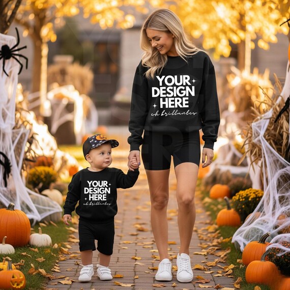 Halloween Black Sweatshirt Mockup Matching Mom and Toddler | Fall Spooky Mockup with Pumpkin Patch | High-Quality JPEG for Print on Demand