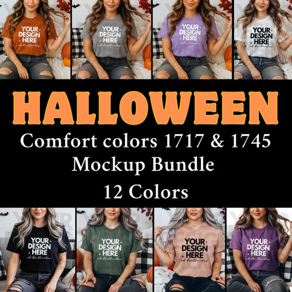 Comfort Colors C1717 & 1745 Tshirt Halloween Mockup Bundle-Trendy Spooky Halloween Mock- 1717 T-Shirt Folded Mock-up Bundle | Real Photo