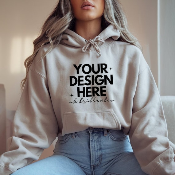 Gildan 18500 Sand Hoodie Mockup-Model Mock -Gildan 18500 Hoodie | Simple Beige Tan Hooded Sweatshirt Mock- G185 Hooded Sweatshirt Mockup