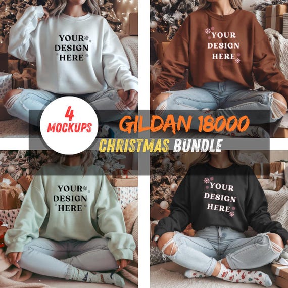 Gildan 18000 Mockup Bundle-Sweatshirt Crewneck Mockup Bundle Print On Demand-Cozy Casual Holiday Christmas Aesthetic-Real Model Mock
