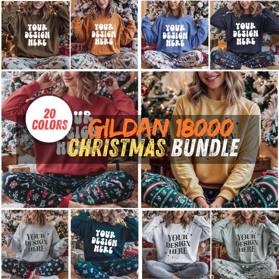 Christmas Sweatshirt Mockup Bundle-Gildan 18000 Mockup Bundle-Gildan 18000 Mockups in 20 Colors for Holiday Designs-Apparel Mockup Bundle