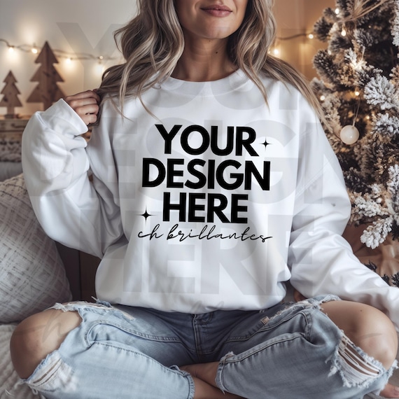 Christmas Mockup | White Gildan 18000 Mockup |Cozy Holiday Aesthetic , Sweater Mockup JPG Digital Download