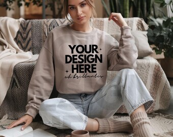 Sand Gildan 18000 Mockup For Print on Demand Book lover Mockup 18000 Bookish Mockup Poet Sweatshirt Mockup Coffee Lover-Book l Model Mockup