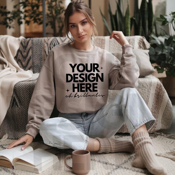 Sand Gildan 18000 Mockup For Print on Demand Book lover Mockup 18000 Bookish Mockup Poet Sweatshirt Mockup Coffee Lover-Book l Model Mockup