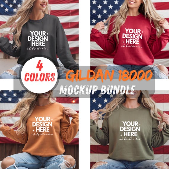 Mockup Bundle Gildan 18000 Sweatshirts | 4 Colors | Christmas USA Flag Background | Digital Product for Designers | Ripped Jeans Style |